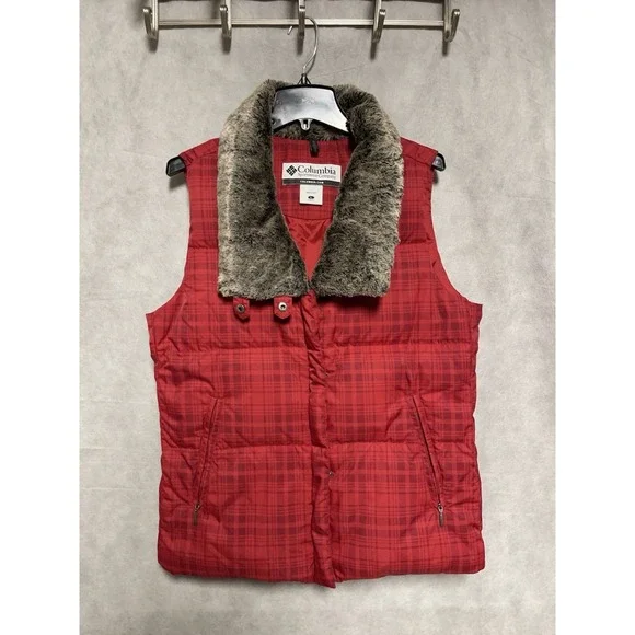 Columbia Vest Women L Red Plaid Down Puffer Faux Fur Full Zip Insulated Quilted - Picture 2 of 10